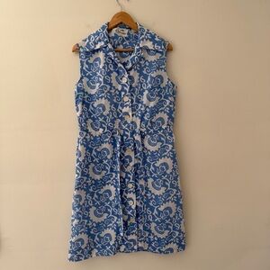 Vintage Shirt Dress 60s Spectator Sleeveless Cotton Blue Floral Size Large Mod